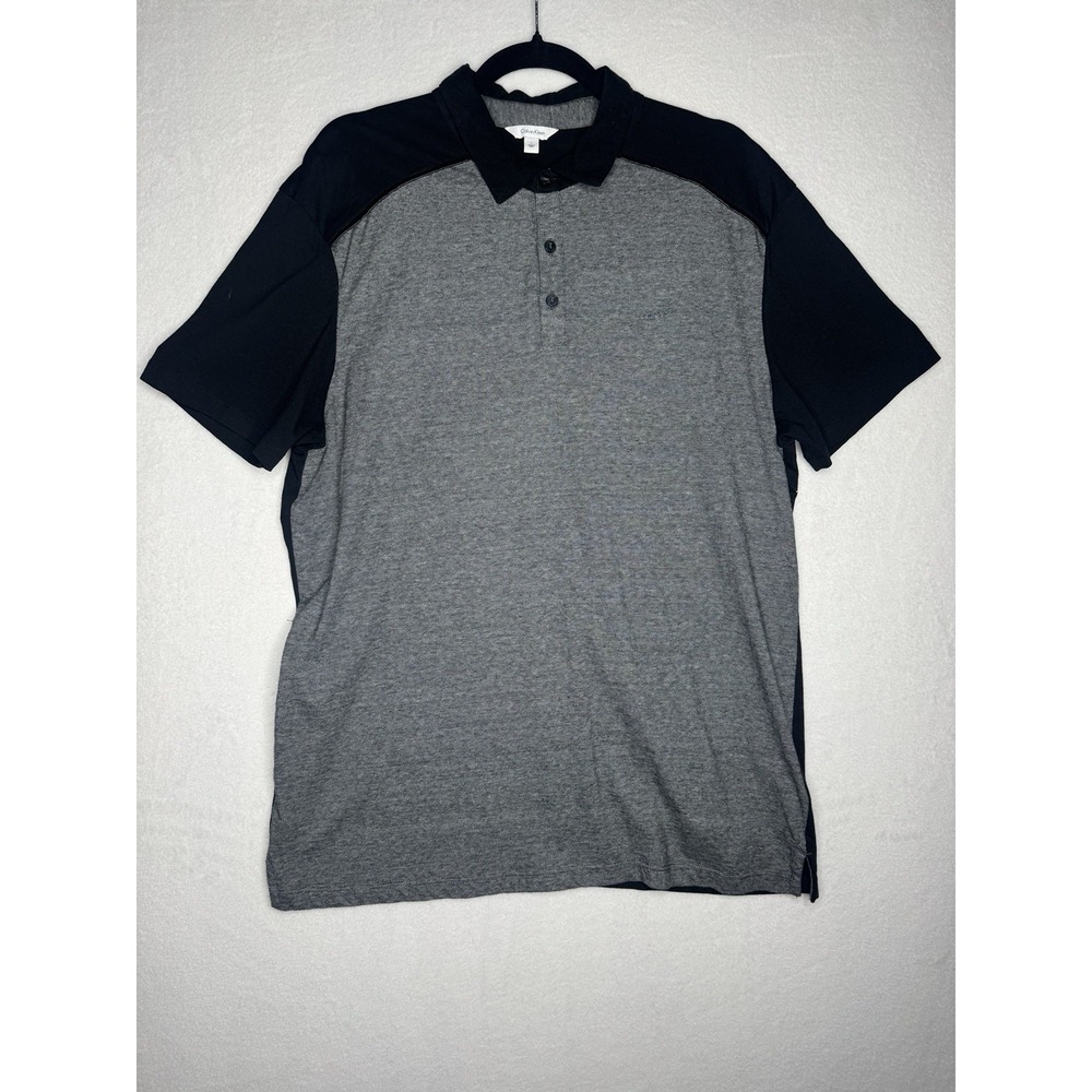Calvin Klein Polo Shirt L‎ Gray Black Short Sleeve Button Neck Casual Collared